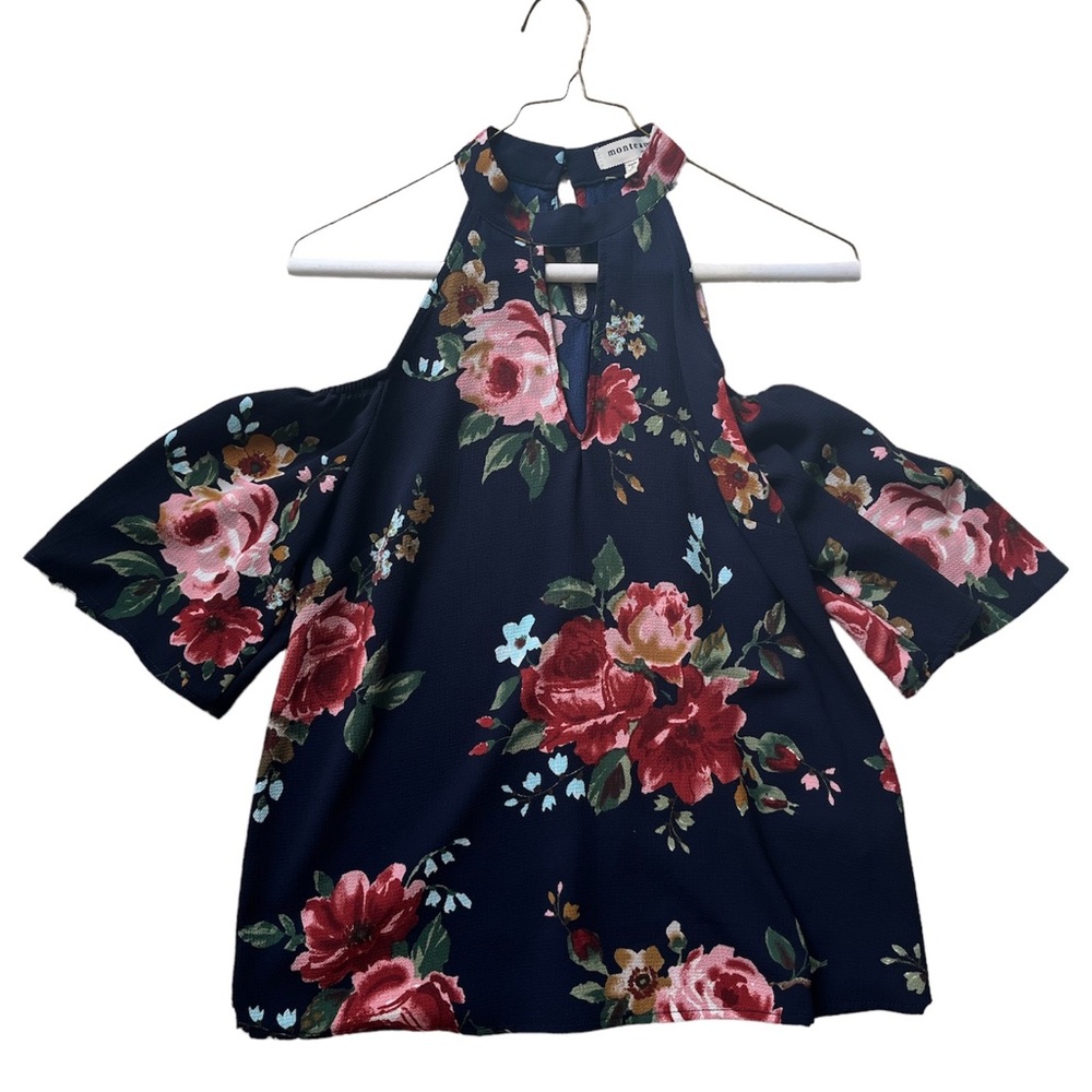 Monteau navy floral off the shoulder blouse- Size Small